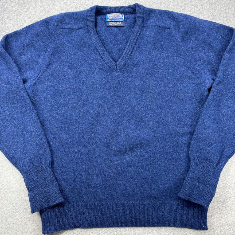Vintage 70s Pendleton Sweater Mens L (Fits Like M) Blue‎ V Neck Lambswool USA